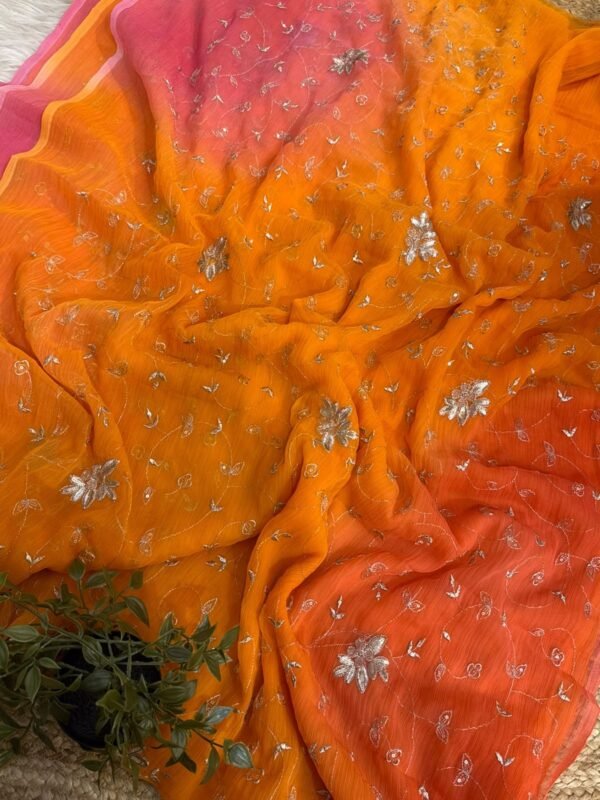 Multi colour jaal work saree Orange