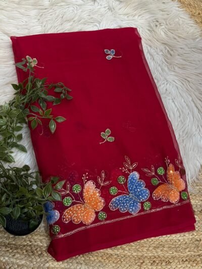 Brush paint saree with pipe work Red