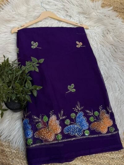 Brush paint saree with pipe work Purple