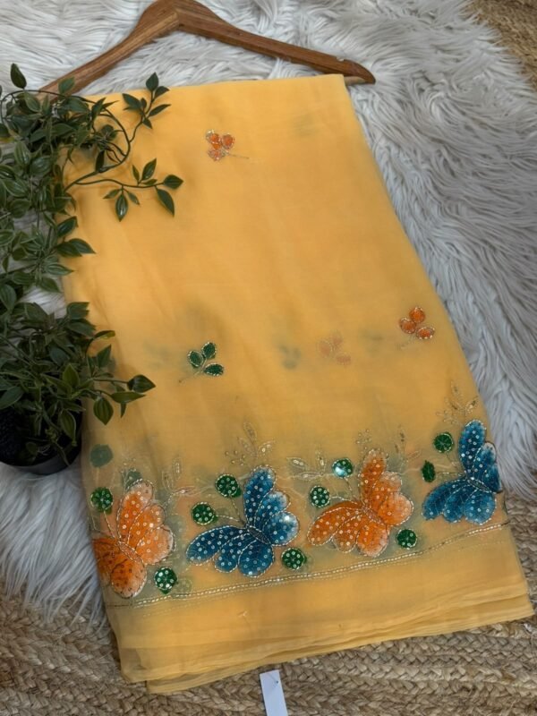 Brush paint saree with pipe work Orange