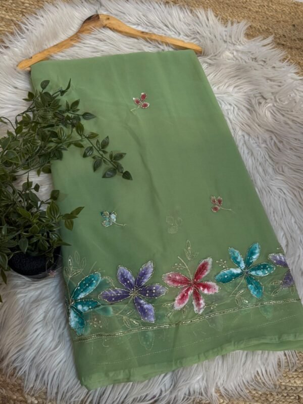 Brush paint saree with pipe work Dark Green