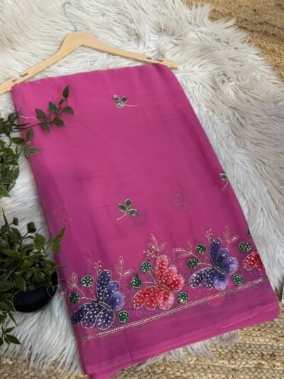 Brush paint saree with pipe work Magenta