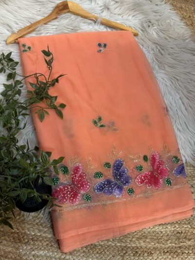 Brush paint saree with pipe work Orange