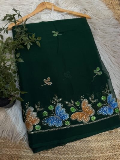 Brush paint saree with pipe work Dark Green
