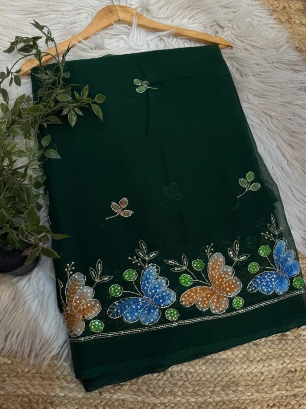 Brush paint saree with pipe work Dark Green
