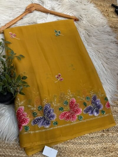 Brush paint saree with pipe work Orange
