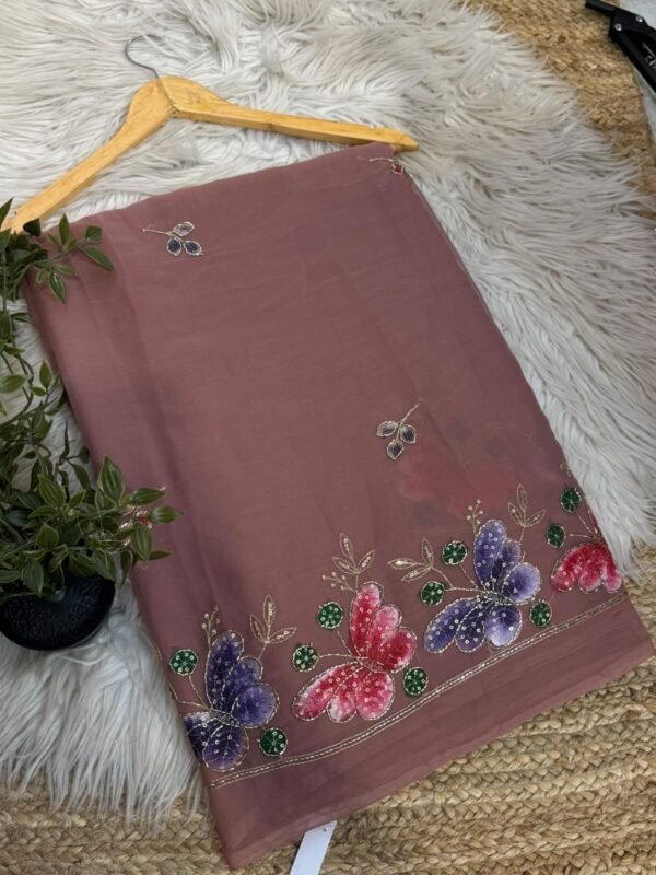 Brush paint saree with pipe work Brown