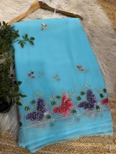 Brush paint saree with pipe work Teal