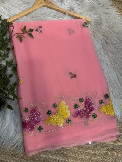 Brush paint saree with pipe work Red