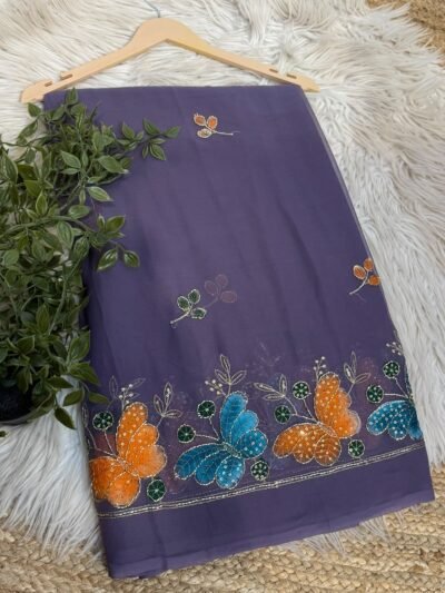 Brush paint saree with pipe work Grey