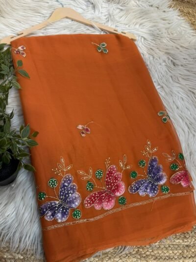 Brush paint saree with pipe work Orange
