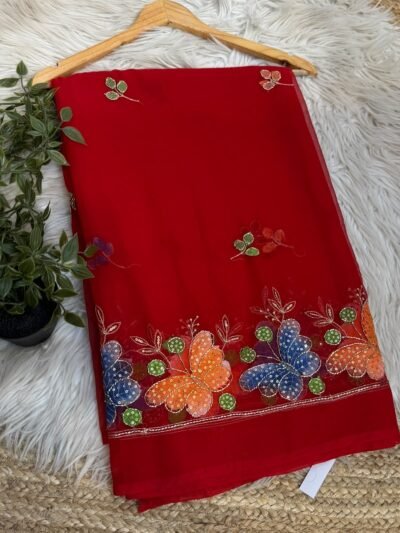 Brush paint saree with pipe work Red