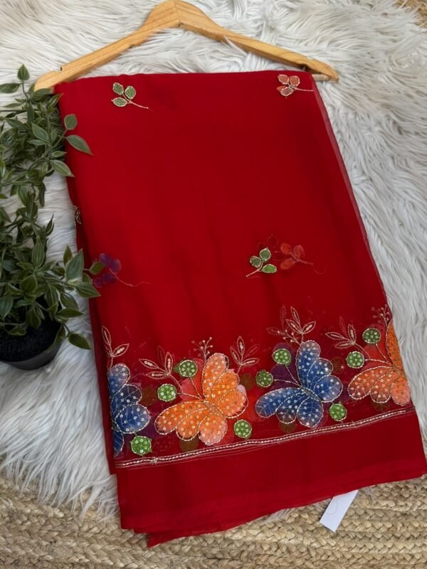 Brush paint saree with pipe work Red