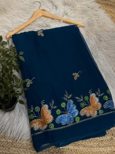 Brush paint saree with pipe work Navy Blue