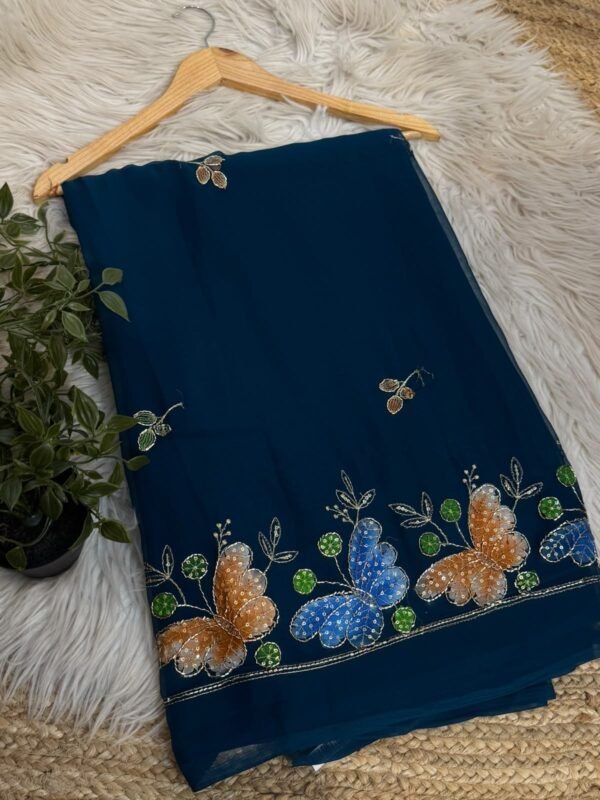 Brush paint saree with pipe work Navy Blue