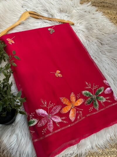 Brush paint saree with pipe work Red