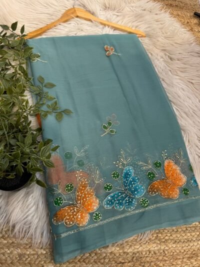 Brush paint saree with pipe work Yellow
