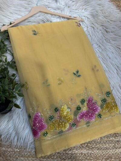 Brush paint saree with pipe work Yellow