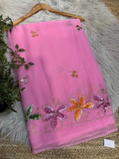 Brush paint saree with pipe work Magenta