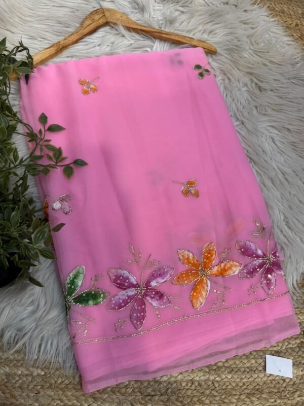 Brush paint saree with pipe work Magenta