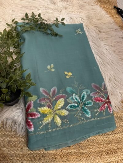 Brush paint saree with pipe work Yellow