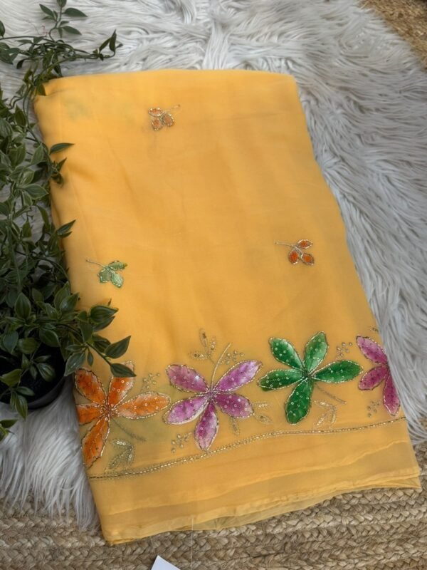 Brush paint saree with pipe work Orange