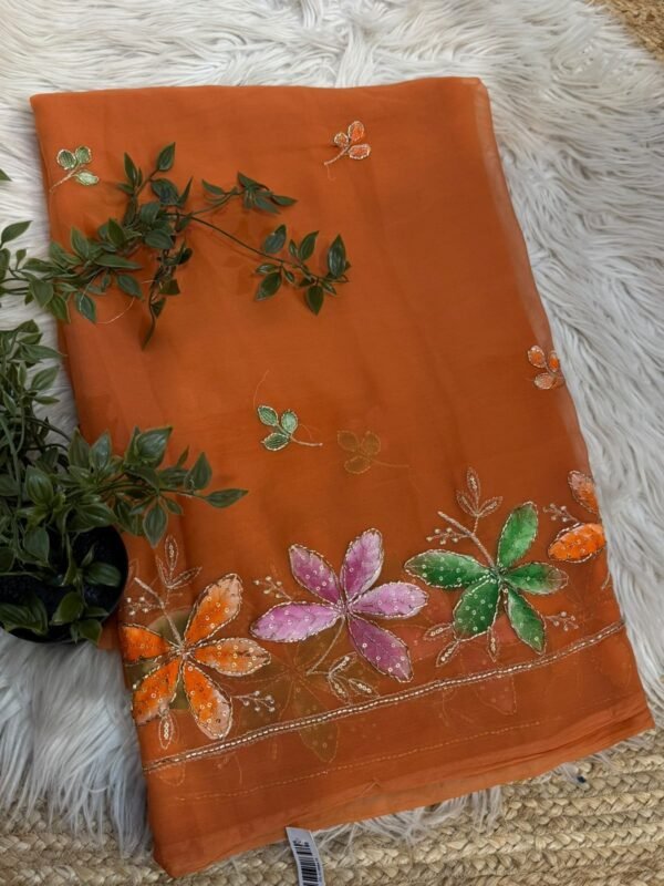 Brush paint saree with pipe work Brown