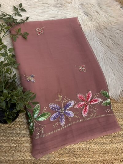 Brush paint saree with pipe work Brown