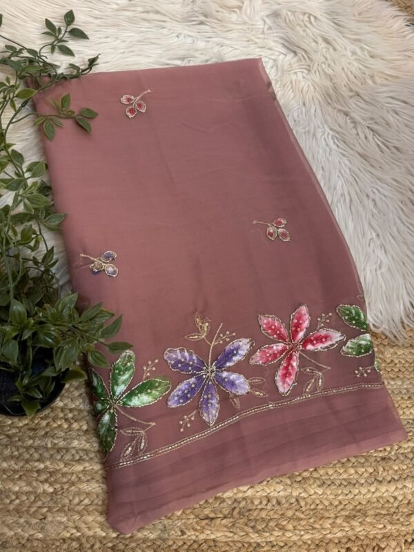 Brush paint saree with pipe work Brown