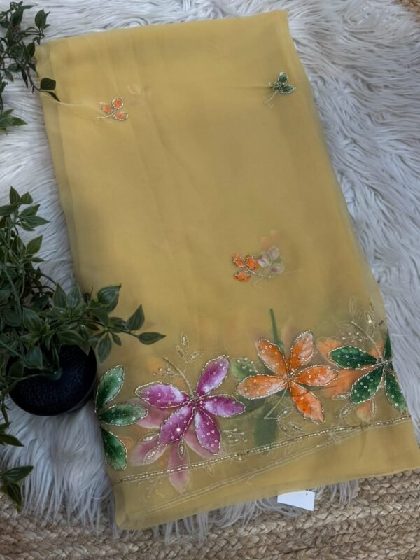 Brush paint saree with pipe work Yellow