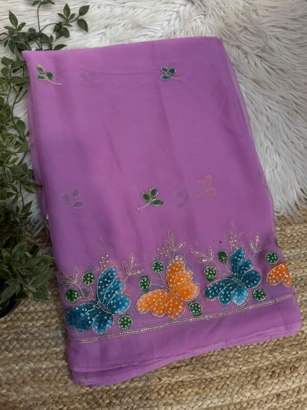 Brush paint saree with pipe work Magenta