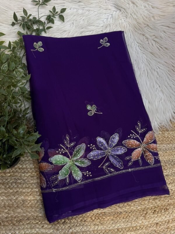 Brush paint saree with pipe work Purple