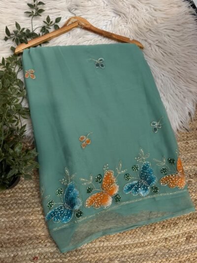 Brush paint saree with pipe work Green