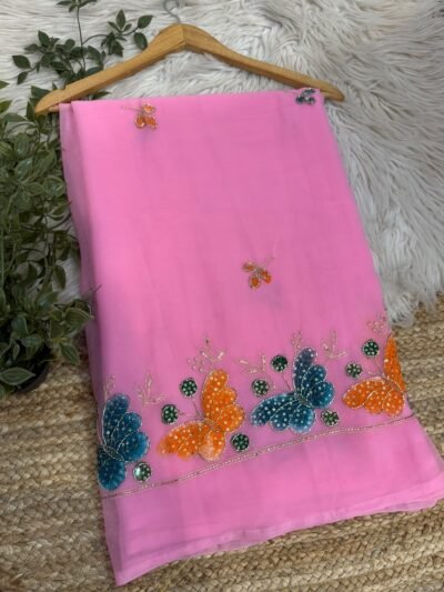 Brush paint saree with pipe work Magenta