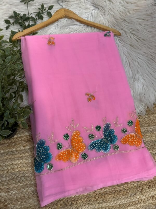 Brush paint saree with pipe work Magenta