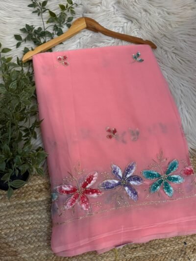 Brush paint saree with pipe work Red