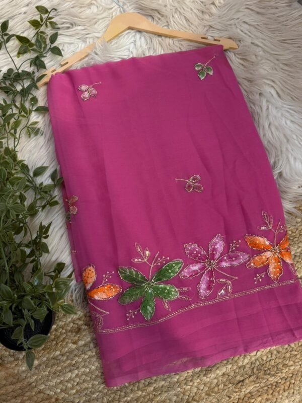 Brush paint saree with pipe work Magenta