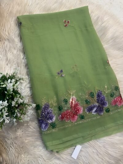 Brush paint saree with pipe work Green