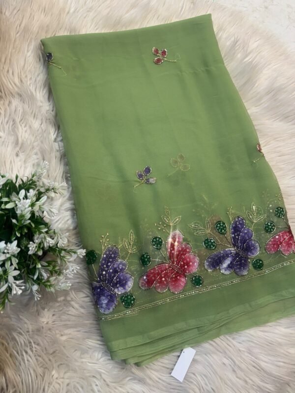 Brush paint saree with pipe work Green