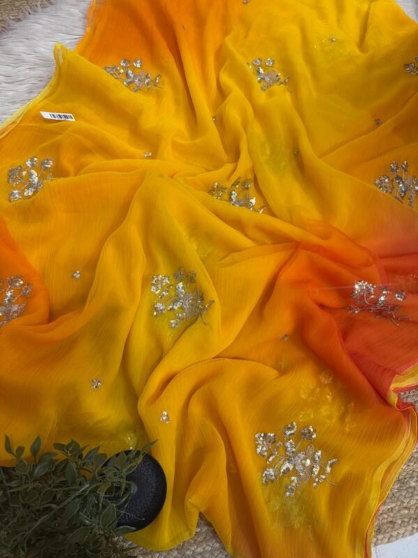 Multicolour saree with sequins buta Yellow+red