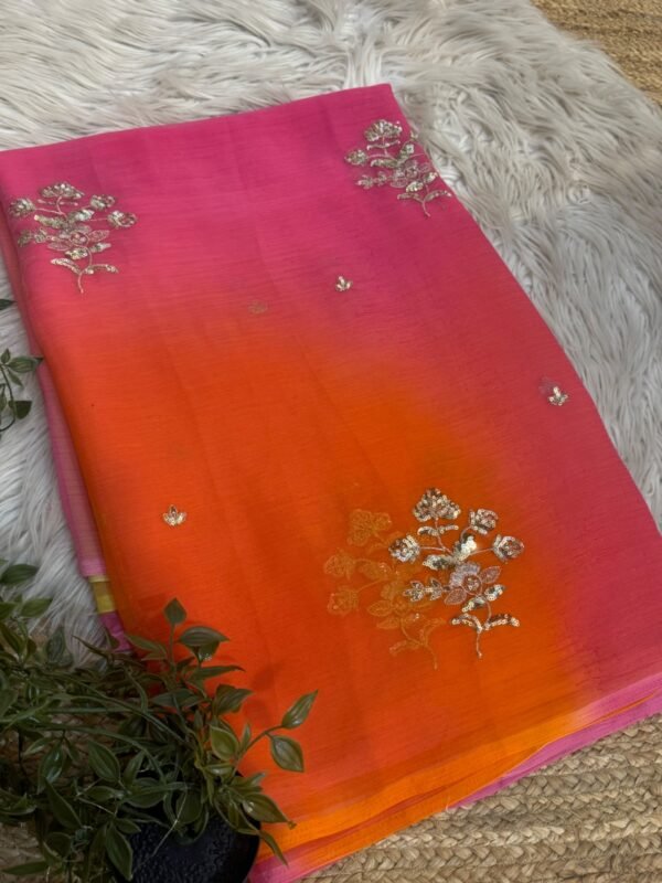Multicolour saree with sequins buta Pink + Green