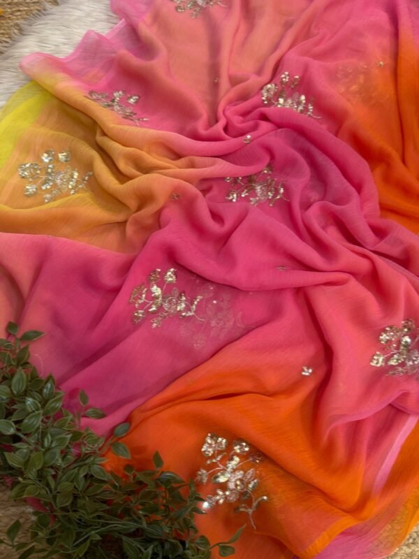 Multicolour saree with sequins buta Pink + Green