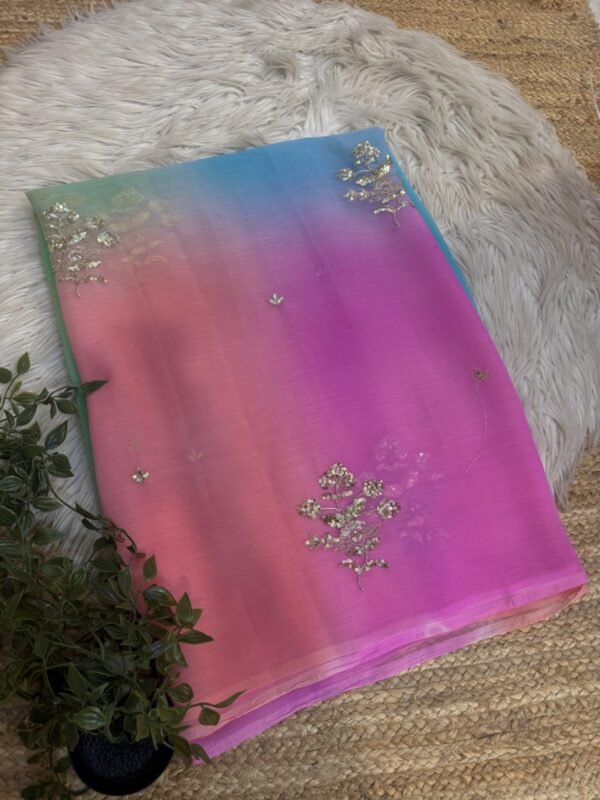 Multicolour saree with sequins buta Pink + Blue