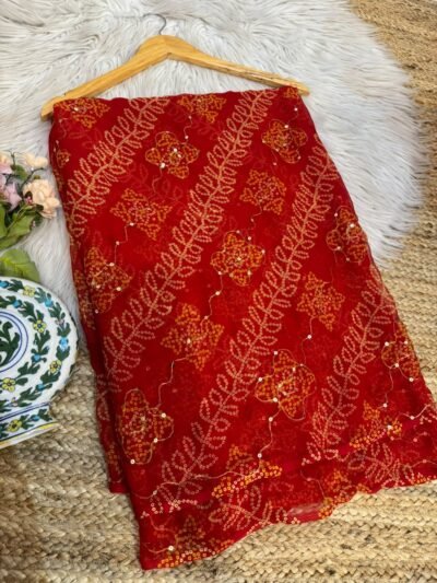 Aari sitara work saree Red