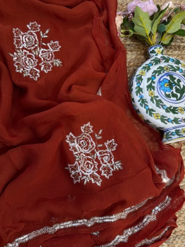 Sequins Handwork saree Rust Orange
