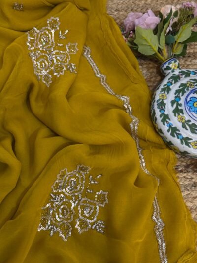 Sequins Handwork saree Yellow