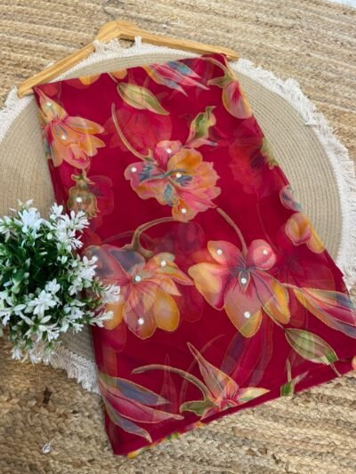 Mirror work saree Red