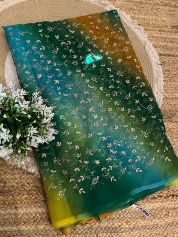 multishade saree with jaal work Dark Green + Blue