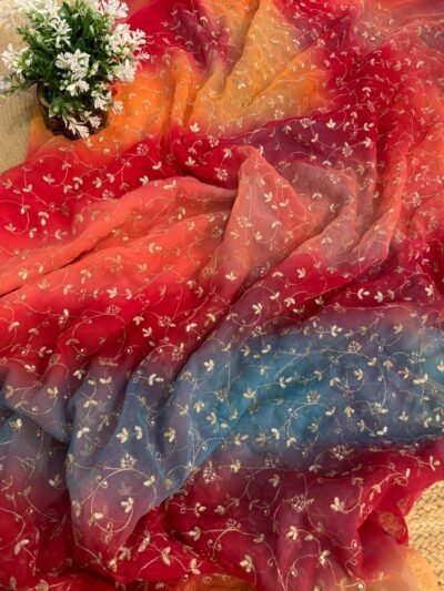 multishade saree with jaal work Blue + Pink