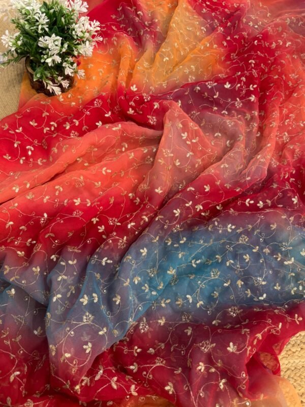 multishade saree with jaal work Blue + Pink